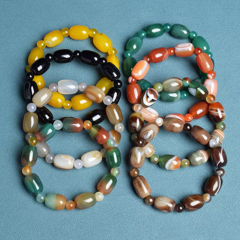 Natural Coffee Lace Agate Beaded Bracelet Elastic Drum Beads