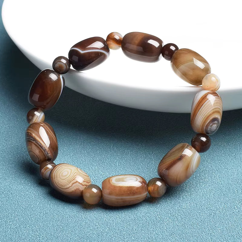 Natural Coffee Lace Agate Beaded Bracelet Elastic Drum Beads