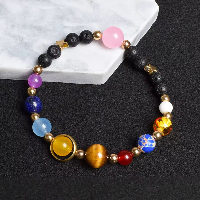 Natural Stone Beaded Bracelet Eight Planets Lava 7 Chakra Adjustable