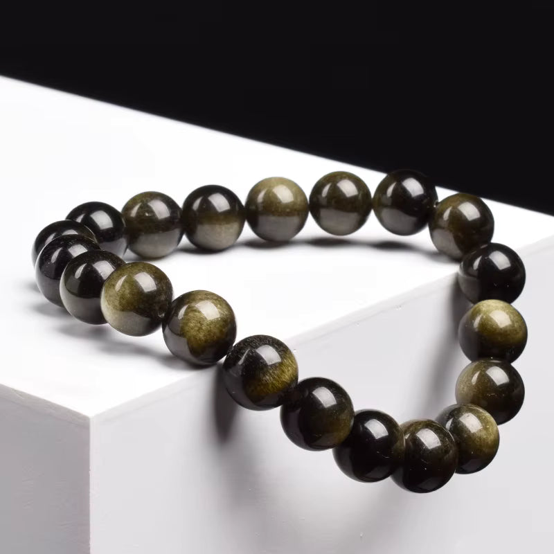Obsidian Beaded Bracelet Natural Golden Round Stone Beads Unisex