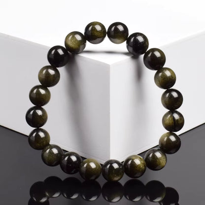 Obsidian Beaded Bracelet Natural Golden Round Stone Beads Unisex
