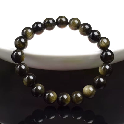 Obsidian Beaded Bracelet Natural Golden Round Stone Beads Unisex
