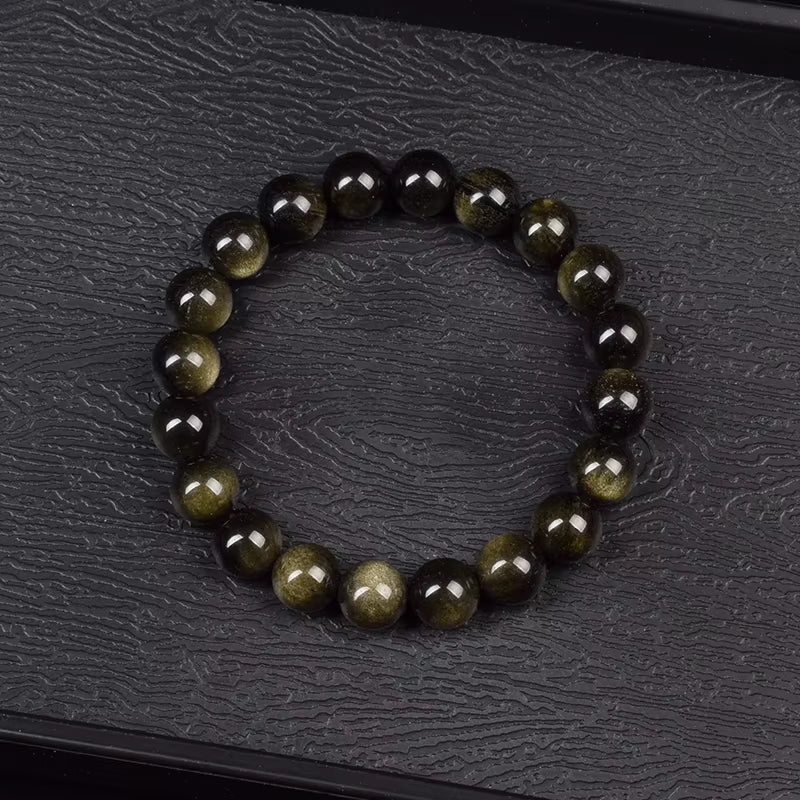 Obsidian Beaded Bracelet Natural Golden Round Stone Beads Unisex