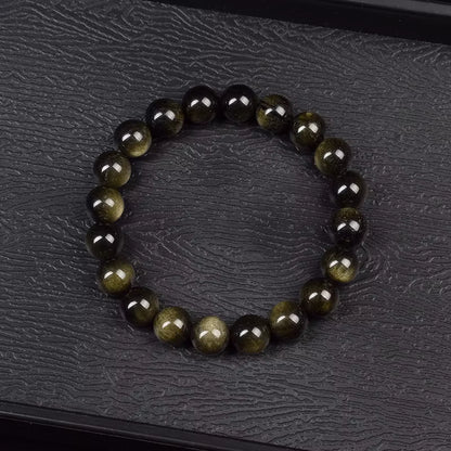Obsidian Beaded Bracelet Natural Golden Round Stone Beads Unisex
