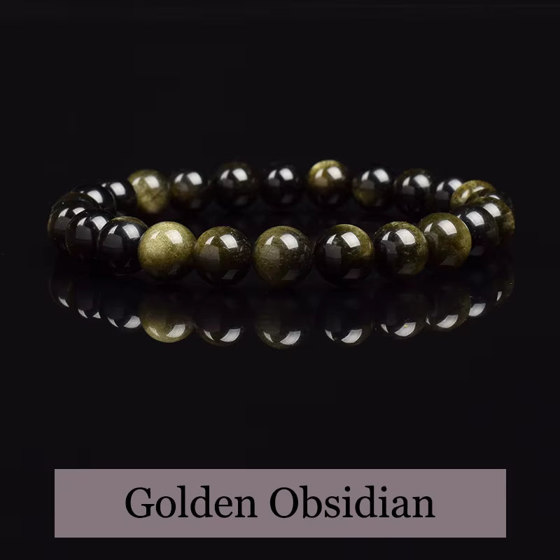 Obsidian Beaded Bracelet Natural Golden Round Stone Beads Unisex