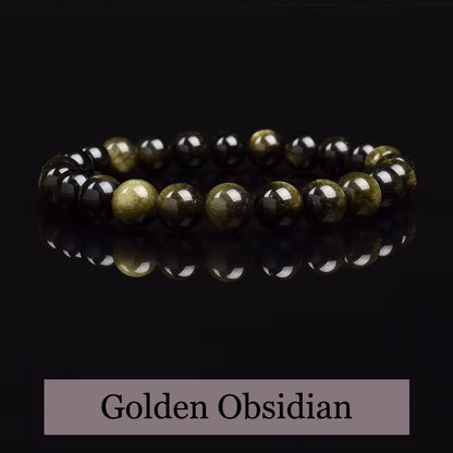 Obsidian Beaded Bracelet Natural Golden Round Stone Beads Unisex