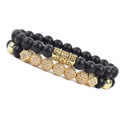 Onyx Beaded Bracelet Set Unisex Black Matte Micro Zircon Adjustable