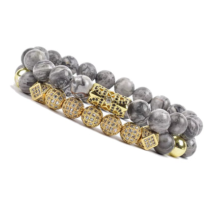 Onyx Beaded Bracelet Set Unisex Black Matte Micro Zircon Adjustable