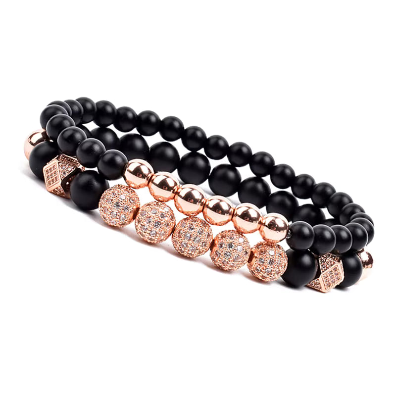 Onyx Beaded Bracelet Set Unisex Black Matte Micro Zircon Adjustable