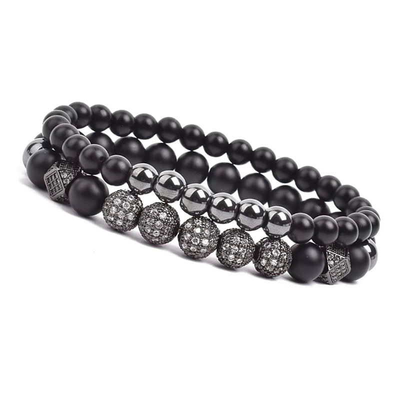 Onyx Beaded Bracelet Set Unisex Black Matte Micro Zircon Adjustable