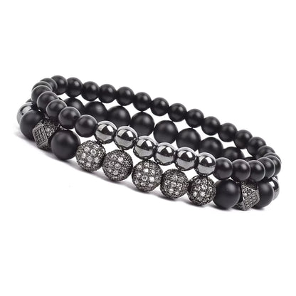 Onyx Beaded Bracelet Set Unisex Black Matte Micro Zircon Adjustable