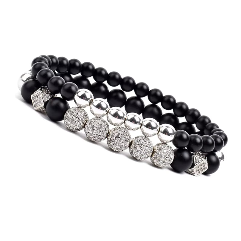 Onyx Beaded Bracelet Set Unisex Black Matte Micro Zircon Adjustable