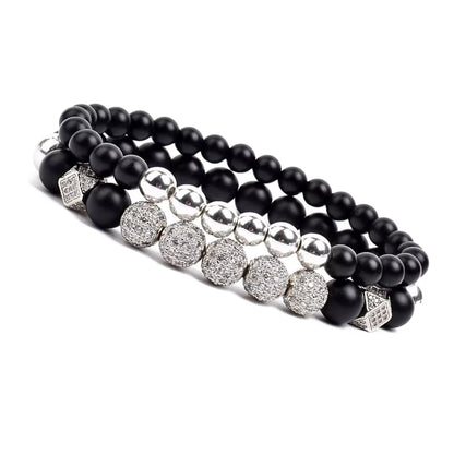 Onyx Beaded Bracelet Set Unisex Black Matte Micro Zircon Adjustable