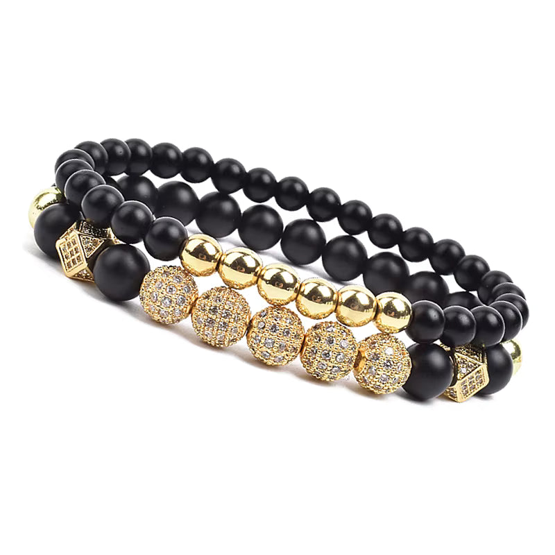 Onyx Beaded Bracelet Set Unisex Black Matte Micro Zircon Adjustable