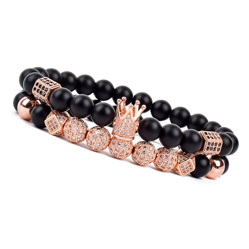 Onyx Beaded Bracelet Set Unisex Black Matte Micro Zircon Adjustable