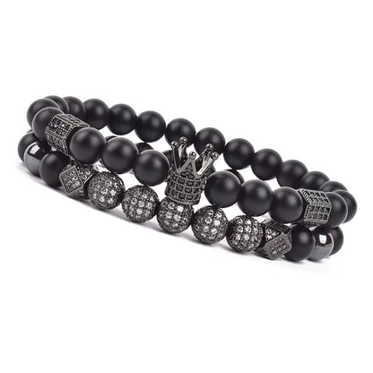 Onyx Beaded Bracelet Set Unisex Black Matte Micro Zircon Adjustable