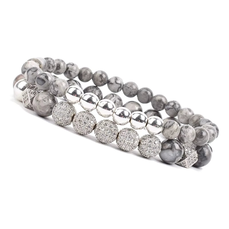 Onyx Beaded Bracelet Set Unisex Black Matte Micro Zircon Adjustable