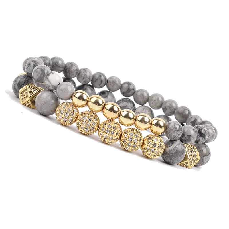 Onyx Beaded Bracelet Set Unisex Black Matte Micro Zircon Adjustable