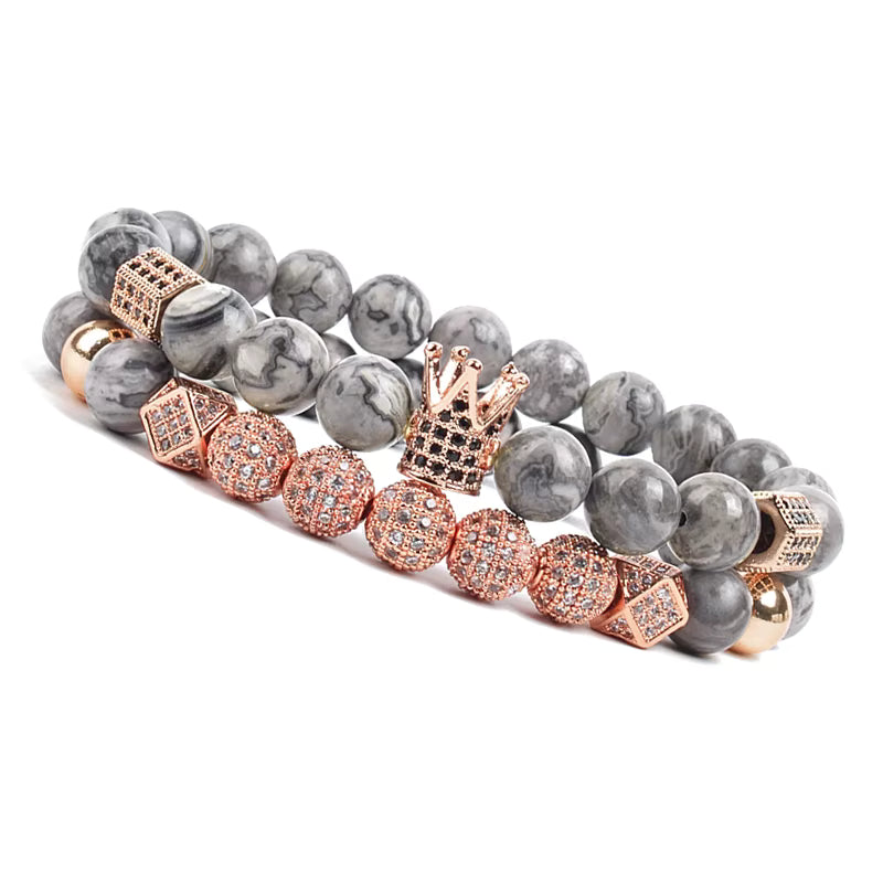 Onyx Beaded Bracelet Set Unisex Black Matte Micro Zircon Adjustable