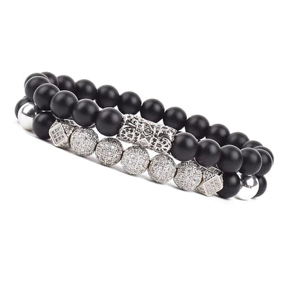 Onyx Beaded Bracelet Set Unisex Black Matte Micro Zircon Adjustable
