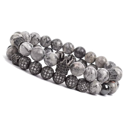 Onyx Beaded Bracelet Set Unisex Black Matte Micro Zircon Adjustable