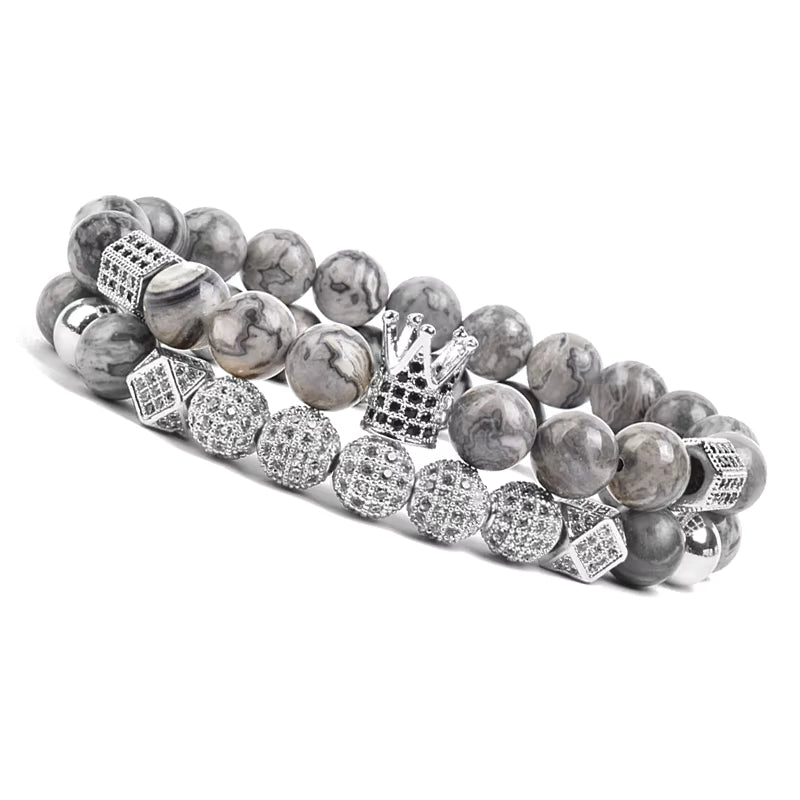 Onyx Beaded Bracelet Set Unisex Black Matte Micro Zircon Adjustable