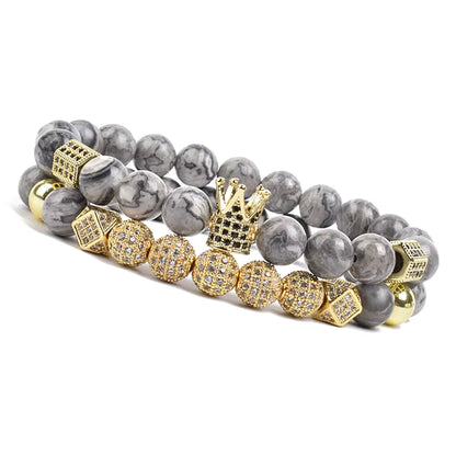 Onyx Beaded Bracelet Set Unisex Black Matte Micro Zircon Adjustable