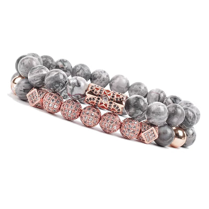 Onyx Beaded Bracelet Set Unisex Black Matte Micro Zircon Adjustable