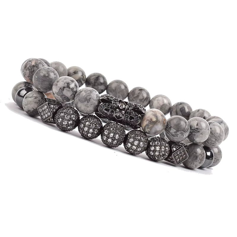 Onyx Beaded Bracelet Set Unisex Black Matte Micro Zircon Adjustable