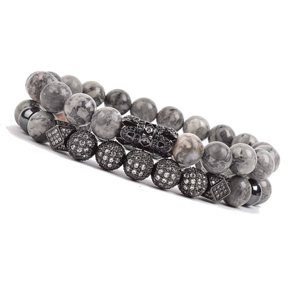 Onyx Beaded Bracelet Set Unisex Black Matte Micro Zircon Adjustable