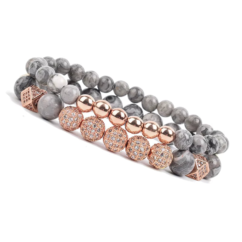 Onyx Beaded Bracelet Set Unisex Black Matte Micro Zircon Adjustable