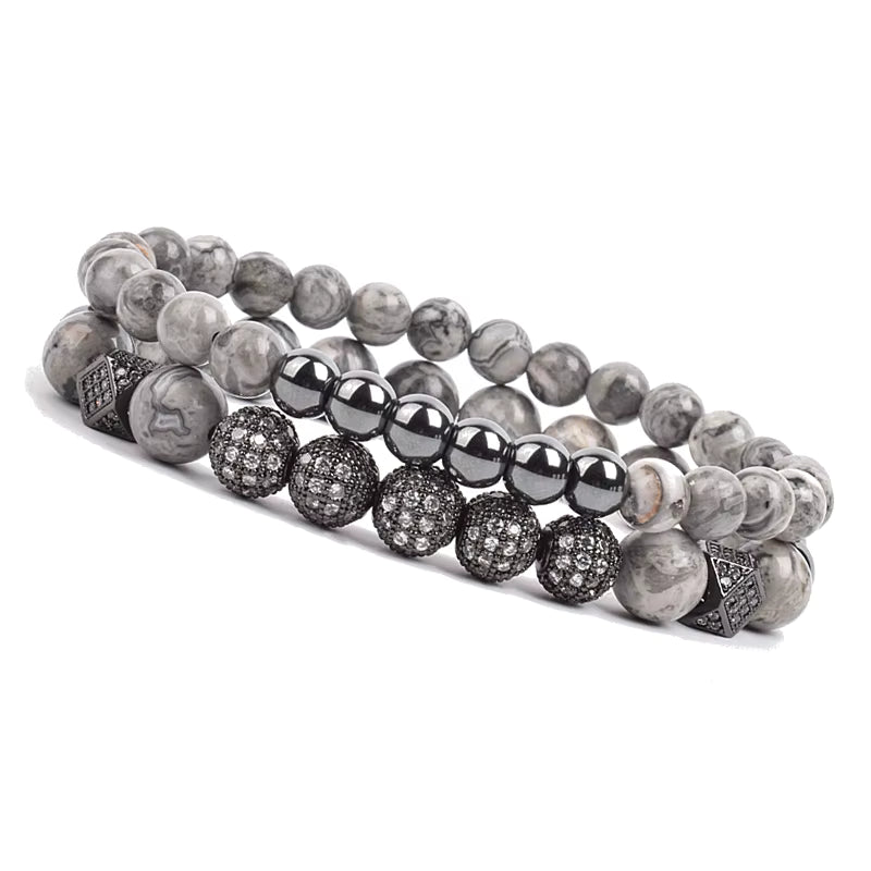 Onyx Beaded Bracelet Set Unisex Black Matte Micro Zircon Adjustable