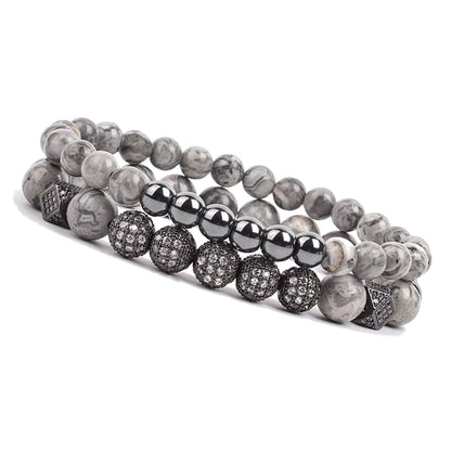 Onyx Beaded Bracelet Set Unisex Black Matte Micro Zircon Adjustable