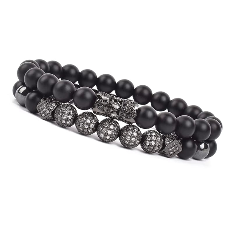 Onyx Beaded Bracelet Set Unisex Black Matte Micro Zircon Adjustable