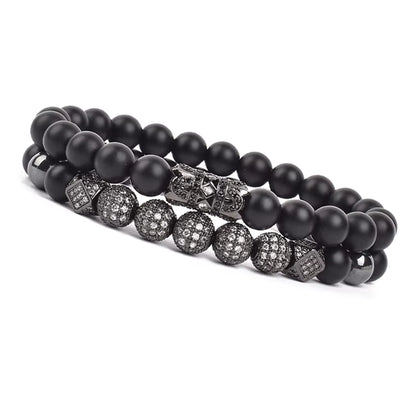 Onyx Beaded Bracelet Set Unisex Black Matte Micro Zircon Adjustable