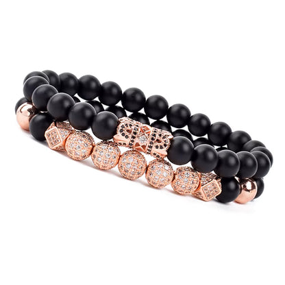 Onyx Beaded Bracelet Set Unisex Black Matte Micro Zircon Adjustable