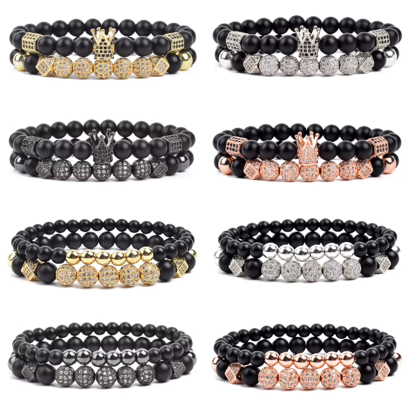 Onyx Beaded Bracelet Set Unisex Black Matte Micro Zircon Adjustable