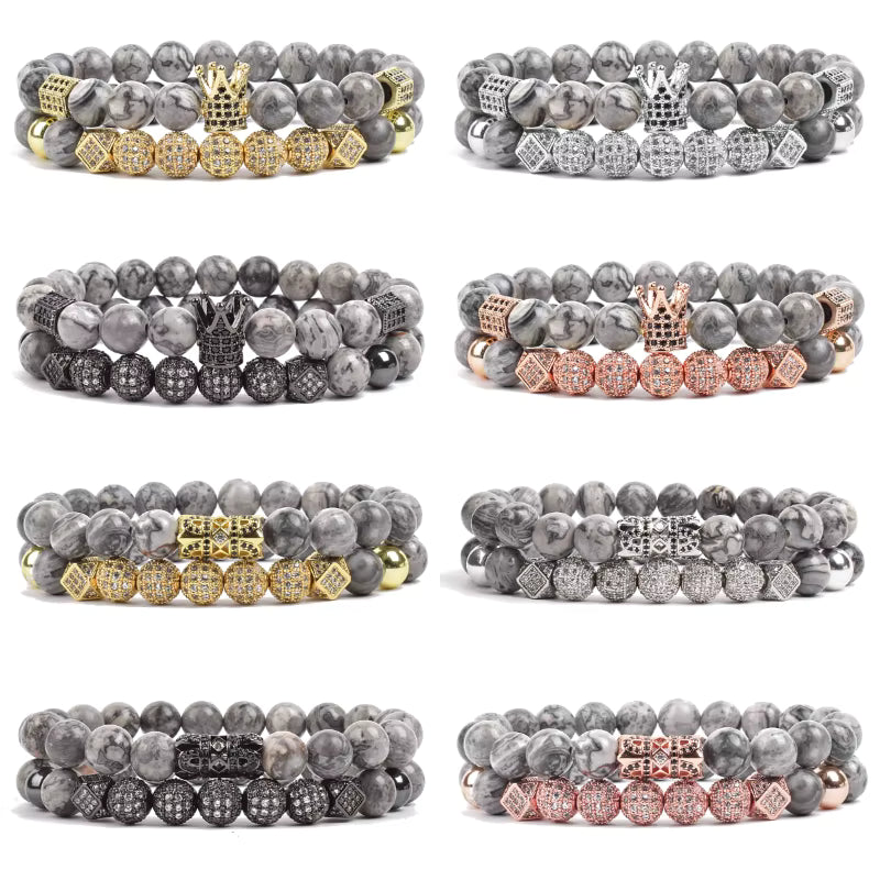 Onyx Beaded Bracelet Set Unisex Black Matte Micro Zircon Adjustable