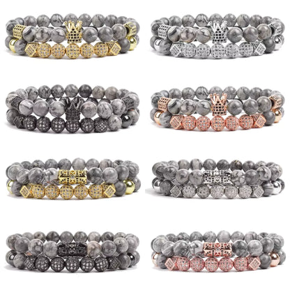Onyx Beaded Bracelet Set Unisex Black Matte Micro Zircon Adjustable