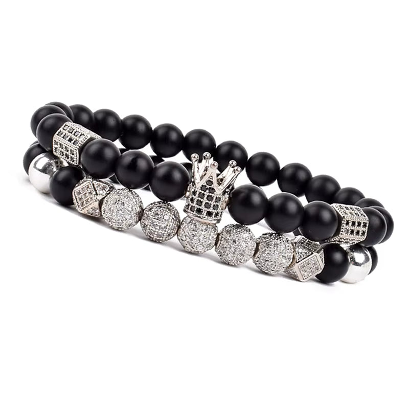Onyx Beaded Bracelet Set Unisex Black Matte Micro Zircon Adjustable