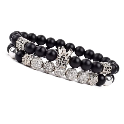 Onyx Beaded Bracelet Set Unisex Black Matte Micro Zircon Adjustable