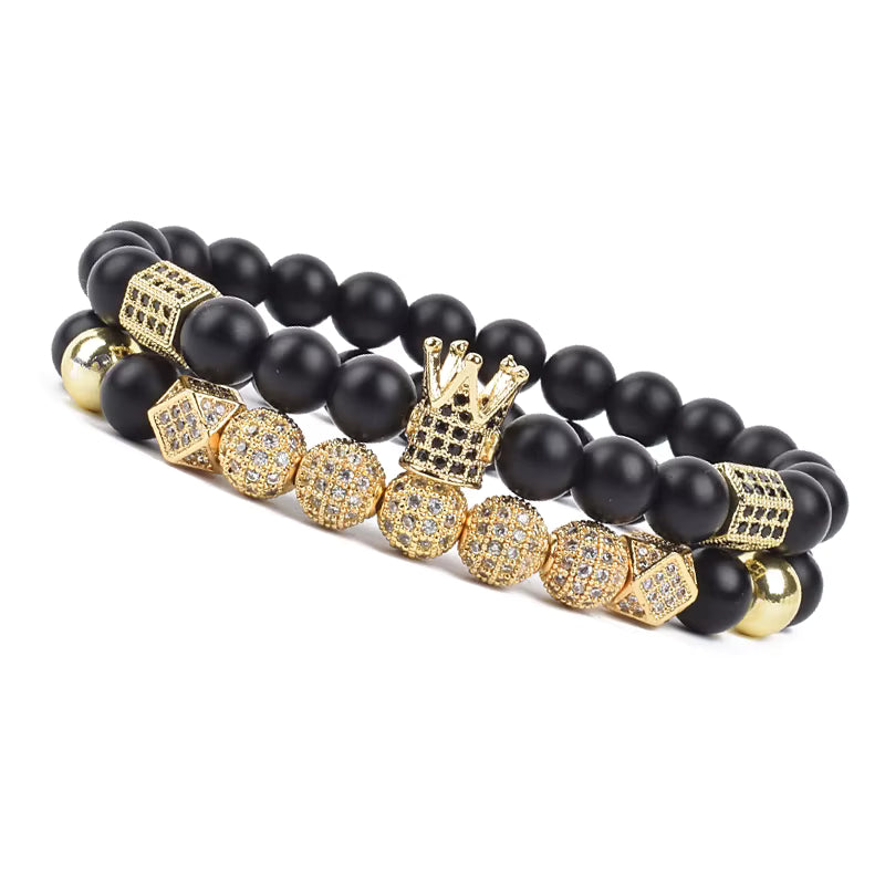 Onyx Beaded Bracelet Set Unisex Black Matte Micro Zircon Adjustable