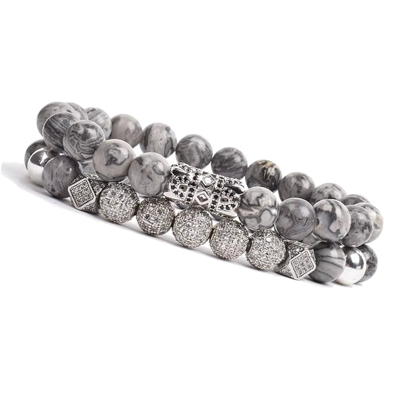 Onyx Beaded Bracelet Set Unisex Black Matte Micro Zircon Adjustable