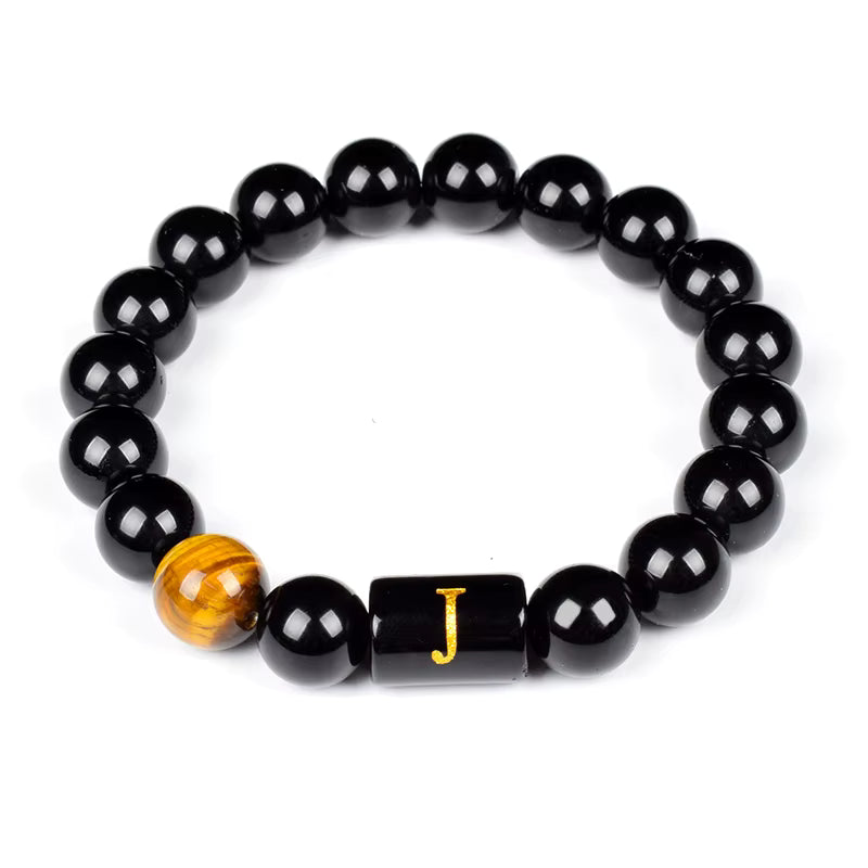 Personalized Initial Bracelet Men Handmade Black Onyx Tiger Eye Beads
