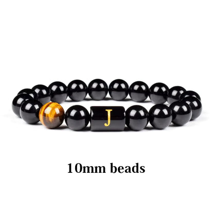 Personalized Initial Bracelet Men Handmade Black Onyx Tiger Eye Beads