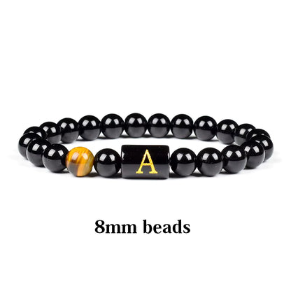 Personalized Initial Bracelet Men Handmade Black Onyx Tiger Eye Beads