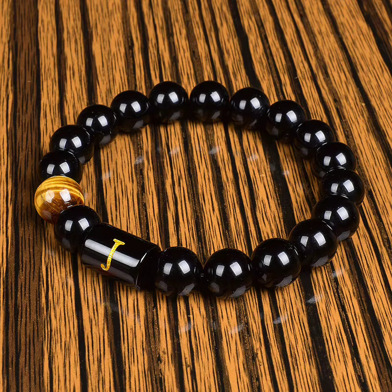 Personalized Initial Bracelet Men Handmade Black Onyx Tiger Eye Beads