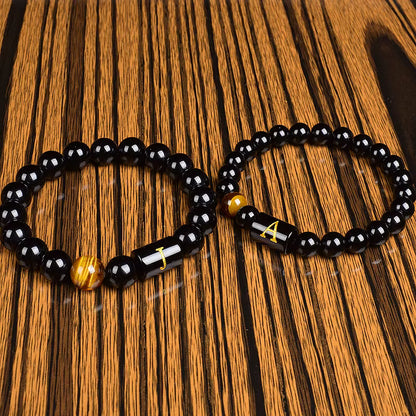 Personalized Initial Bracelet Men Handmade Black Onyx Tiger Eye Beads