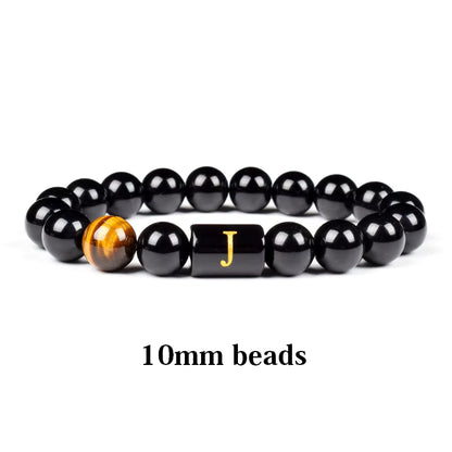 Personalized Initial Bracelet Men Handmade Black Onyx Tiger Eye Beads