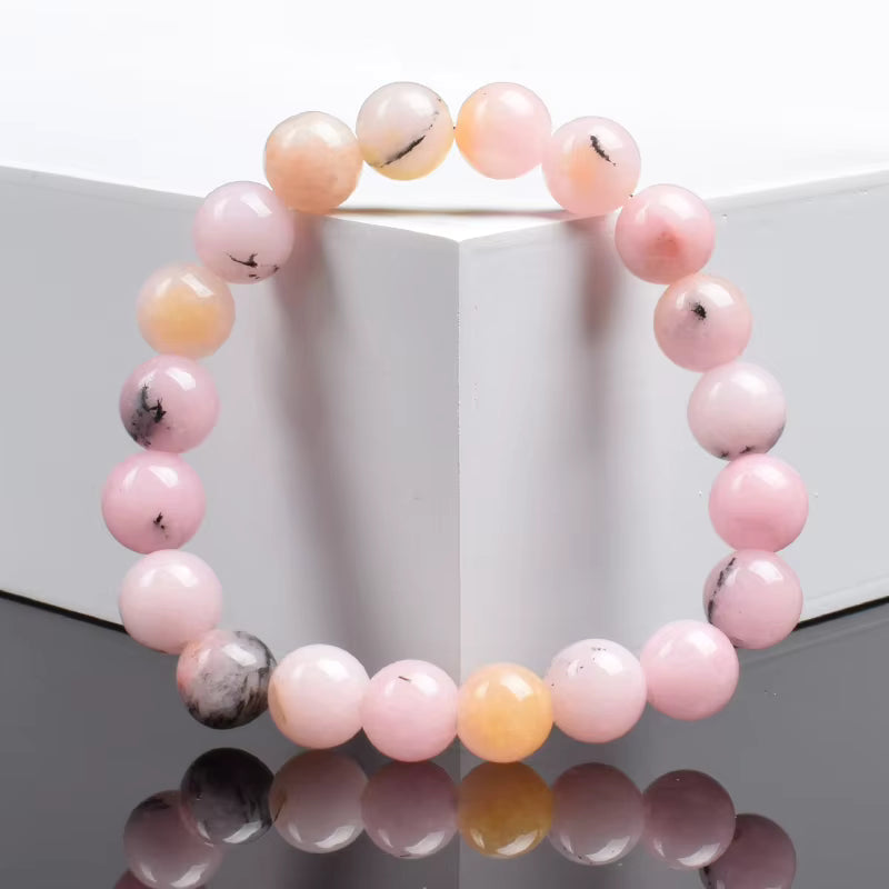 Pink Opal Bracelet with Crystal Quartz Beads Elastic for Women